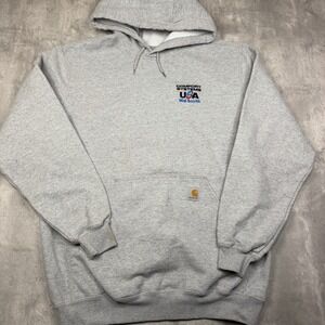 Carhartt Hoodie Mens M Gray Loose Fit Workwear Pullover USA Logo Sweatshirt
